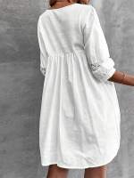 Vestido De Verano Estilo De Vacaciones Con Encaje Y Parches En Color Sólido Y Cuello En V Vestido De Algodón Suelto Y Manga De Luces - details 3