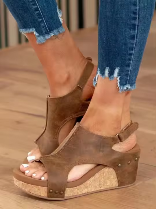 Sandalias de gran tamaño para Mujer, sandalias de verano con estampado de Leopardo, Remaches, Boca de Pez, Velcro, Tacón de cuña y Suela Gruesa. - 1