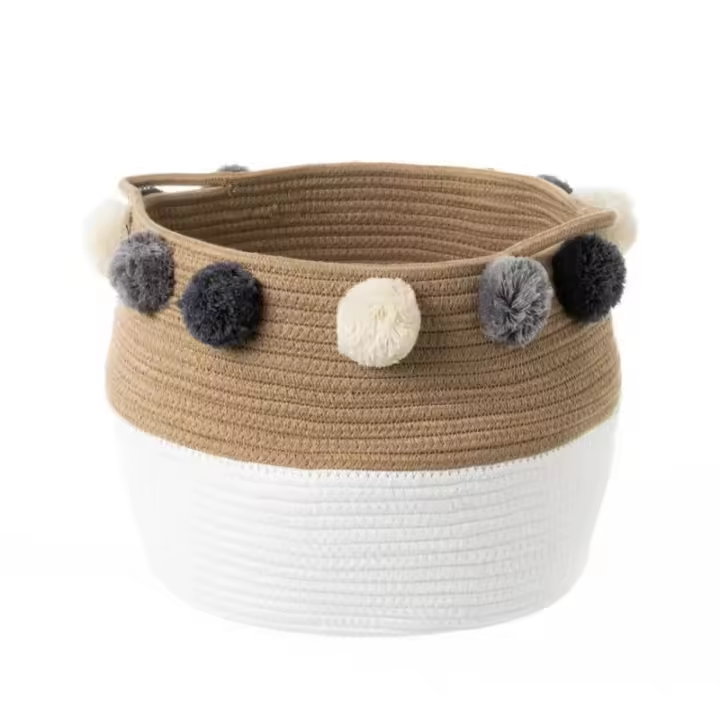 Dcasa Cesta de cuerda con asas blanca y natural con pompones de Ø 38x26 cm - 1
