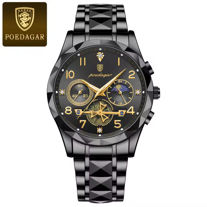 Reloj De Lujo Para Hombre POEDAGAR Resistente Al Agua Con Luminiscencia Cronógrafo De Acero Inoxidable Calidad Superior Deportivo Con Marcas Arábigas Y Cristal De Zafiro - 1