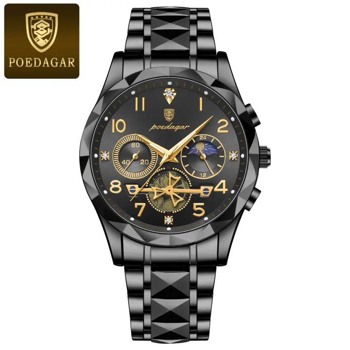 Reloj De Lujo Para Hombre POEDAGAR Resistente Al Agua Con Luminiscencia Cronógrafo De Acero Inoxidable Calidad Superior Deportivo Con Marcas Arábigas Y Cristal De Zafiro - 1