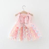 Vestido De Princesa Para Niñas Con Alas De Mariposa Grandes En El Escote Cintura Con Cordón Vestido De Colores Para Fiesta Verano Sin Mangas Largo Hasta La Rodilla - details 1