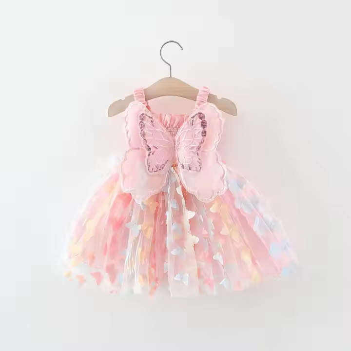 Vestido De Princesa Para Niñas Con Alas De Mariposa Grandes En El Escote Cintura Con Cordón Vestido De Colores Para Fiesta Verano Sin Mangas Largo Hasta La Rodilla - 1