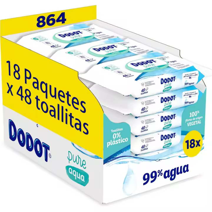 Dodot Toallitas Aqua Pure para Bebé, 99% Agua, 864 Toallitas, 18 Paquetes (18 x 48) de Toallitas para Bebé - 1