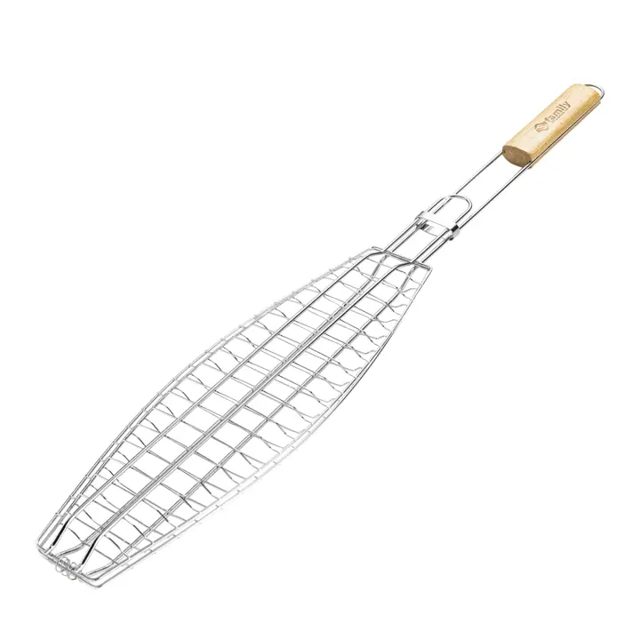 DESEOS Cesta para Parrilla de Pescado de Acero Inoxidable - 72CM Cesta para Barbacoa con Mango de Madera - Ideal para Asar Pescado, Verduras y Más - 1