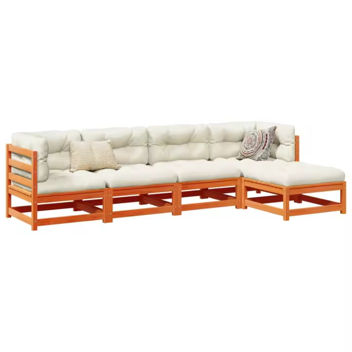 vidaXL Set de sofás jardín 5 pzas con cojines madera pino marrón cera - 1