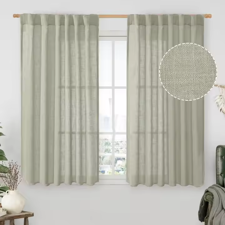 Sage Grey Semi Sheer Linen Curtains 45 Inches Long 2 Panels, Light Filtering Panels Back Tab and Rod Pocket Neutral Drapes for Kitchen/Window/Bedroom, 52 x 45 Inch - 1