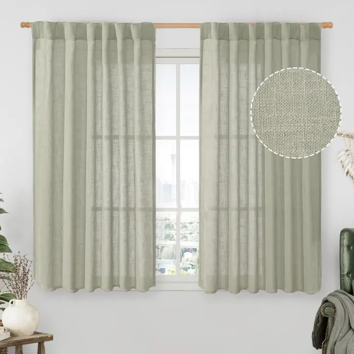 Sage Grey Semi Sheer Linen Curtains 45 Inches Long 2 Panels, Light Filtering Panels Back Tab and Rod Pocket Neutral Drapes for Kitchen/Window/Bedroom, 52 x 45 Inch - 1