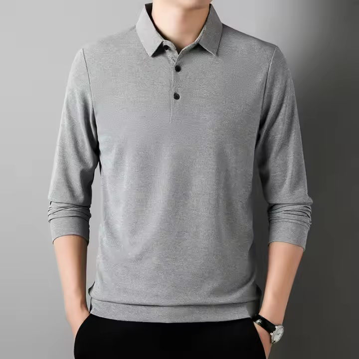 Camisa Polo De Manga Larga Para Hombre Estilo Casual Transpirable Y Cómoda Para El Verano Tejido De Gasa Sólido De Algodón Blends - 1
