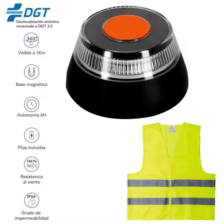 Baliza V16 conectada+Chaleco.  V16 conectada con geolocalizacion DGT 3.0, luz de emergencia homologada, conectada y autorizada por DGT, señal V16 con pilas incluidas, conectividad Telefonica datos hasta 2038,vision 360 grados, más Chaleco reflectante - 1