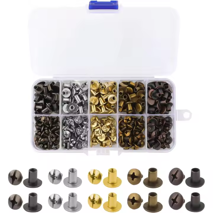 150 juegos de tornillos Chicago de 8 mm de cabeza plana, remaches para encuadernación de cuero, remaches para cuero con caja de almacenamiento para manualidades. - 1