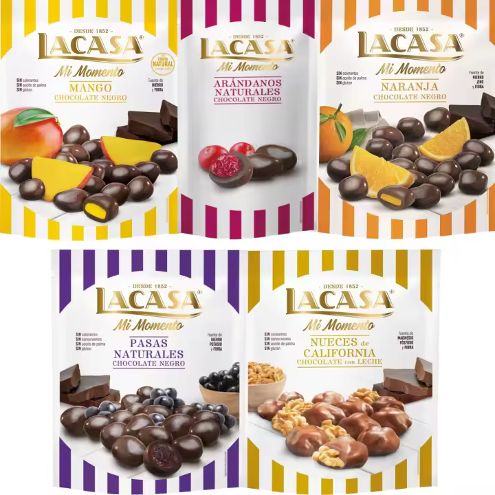 Lacasa Mi Momento pack de 5:Arándano choco Negro 60G,Nueces Leche 115G,Pasas choco Negro 150G,Naranja choco Negro 125G,Mango choco Negro 115G - 1
