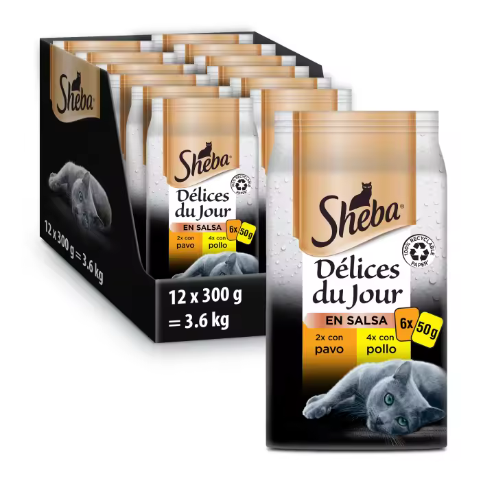 Sheba Délices du Jour Comida húmeda para Gatos, Sabor Ave, Multipack (Pack de 12 x 6 bolsitas x 50g) - 1