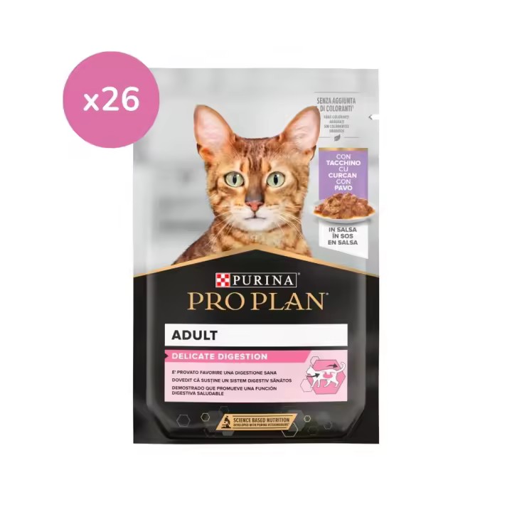 PRO PLAN - Delicate Digestion Adult Sobre (26x85 gr) - Comida Húmeda para Gatos Adultos con Digestiones Sensibles (Pavo en Salsa) - 1
