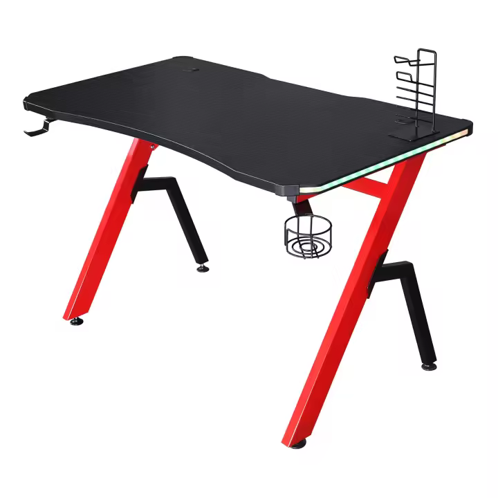 HOMCOM Mesa Gaming 120x66x76 cm con Luz LED RGB y Control Remoto Escritorio Gaming Desk con Portavasos Gancho para Auriculares Soporte para Mandos Gamepad Fibra de Carbono Negro y Rojo - 1