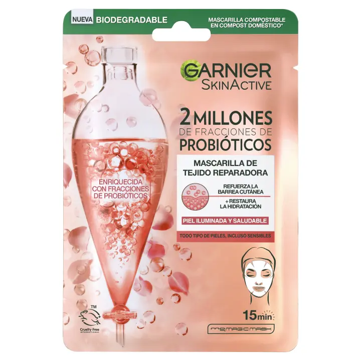 Garnier Tissue Mask Mascarilla Facial de Tejido Reparadora con 2 millones de fracciones de Probióticos para una Piel Iluminada y Saludable - 1