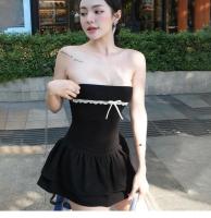 Vestido De Encaje Con Lazo En La Cintura Para Mujer Estilo Sexy Y Club Con Falda De Puffs Abierta En La Cintura Y Sin Mangas De Polyester - details 1