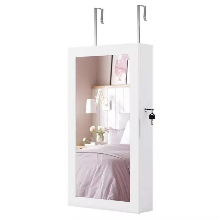 Espejo joyero de pared, organizador espacioso en marrón rústico o blanco, ahorro de espacio ideal para accesorios, con cerradura y 2 llaves, 37x10x67 cm - 1