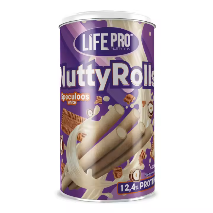 LIFE PRO FITFOOD NUTTYROLLS WHITE SPECULOOS 200G - Deliciosos Barquillos Proteicos - Bajos en Grasas y Carbohidatos - 1
