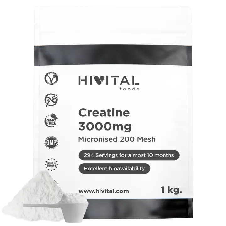 Creatina 3000 mg. 1 Kg / 1000 g. 294 raciones para casi 10 meses. Monohidrato de Creatina en polvo 100% Pura, Vegana y Micronizada a 200 Mesh. Hivital - 1