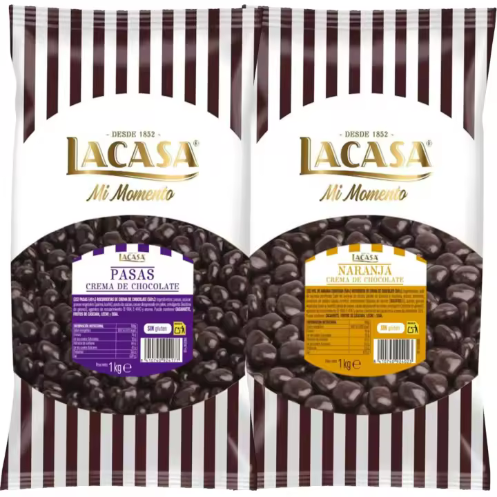 Lacasa Mi momento Pack 2 kg: deliciosas bolas de  Pasas de Corinto con chocolate Negro y Dados de naranja con chocolate Negro - 1