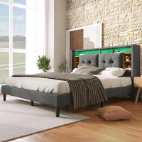Cama tapizada Cabecero de Cama Doble with Almacén Marco de Cama with USB de carga e iluminación LED Somier de lámparas de Madera, 140*200CM Gris (sin colchón) - details 3