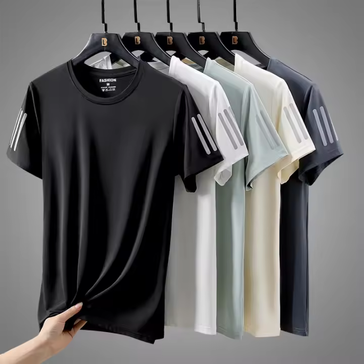 Camiseta De Hombre De Seda De Hielo Alta Calidad Transpirable Para Verano Con Mangas Cortas Absorbedora De Sudor Rápida Secado Ideal Para Running - 1
