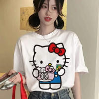 Camiseta De Algodón Kawaii Hello Kitty Para Niños Y Mujeres Estilo Y2K Coreano Manga Corta Cuello Redondo Oversized Para El Verano Moda Para Parejas - details 1