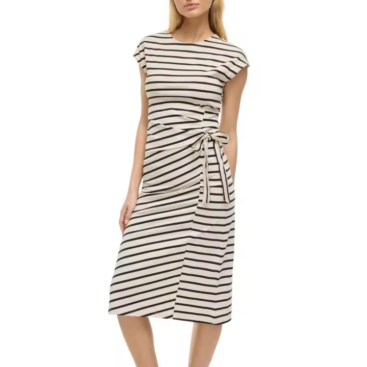 VIPOMPIA O-NECK CAP SLEEVE MIDI DRESS Birch Stripe - 1