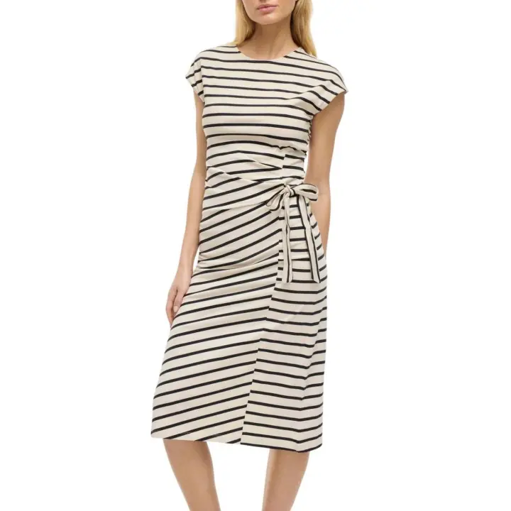 VIPOMPIA O-NECK CAP SLEEVE MIDI DRESS Birch Stripe - 1