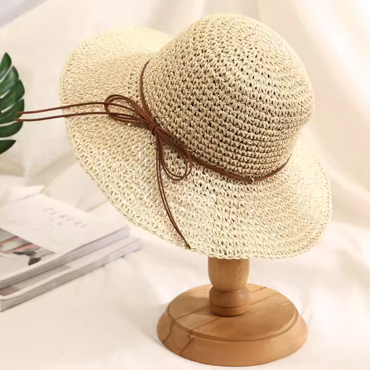 Sombrero De Pescador De Playa Con Gran Alas Y Lazo Hecho De Paja Tejida Protección Solar Para Mujer Estilo Panamá Coreano - 1