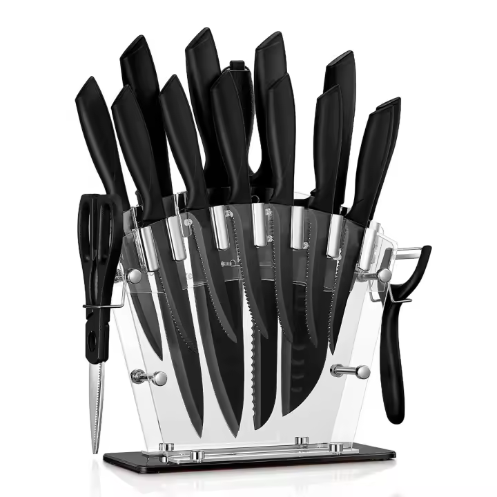 Kinoto Juego de Cuchillos Afilados con Soporte Acrílico - 16 Piezas de Acero Inoxidable para Cocina de Chef - 1
