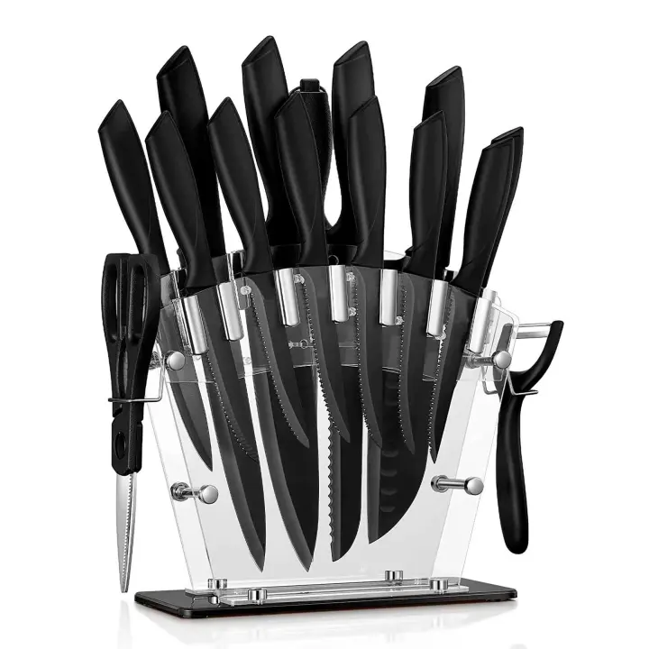Kinoto Juego de Cuchillos Afilados con Soporte Acrílico - 16 Piezas de Acero Inoxidable para Cocina de Chef - 1