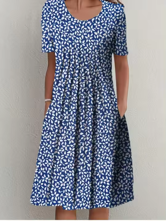 Vestido Corto Elegante Para Mujer Con Cuello Redondo Y Estampado Manga Corta Primavera Verano A-Line Midi Polyester - 1