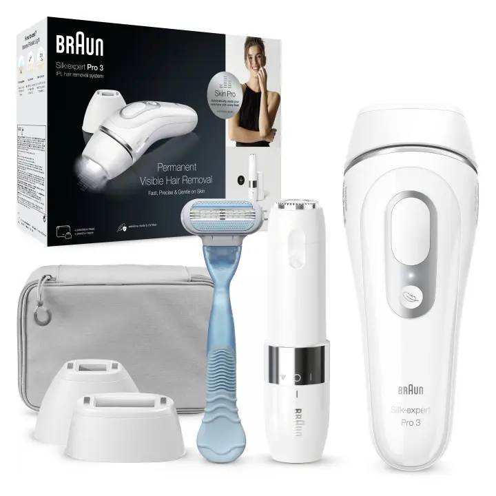Braun Silk·expert Pro 3 PL3129 - Depiladora de luz pulsada (IPL) de ultima generación para mujer y hombre, depilación permanente del vello visible en casa,  con funda, cabezal de precisión, maquinilla venus y mini rasuradora facial - 1