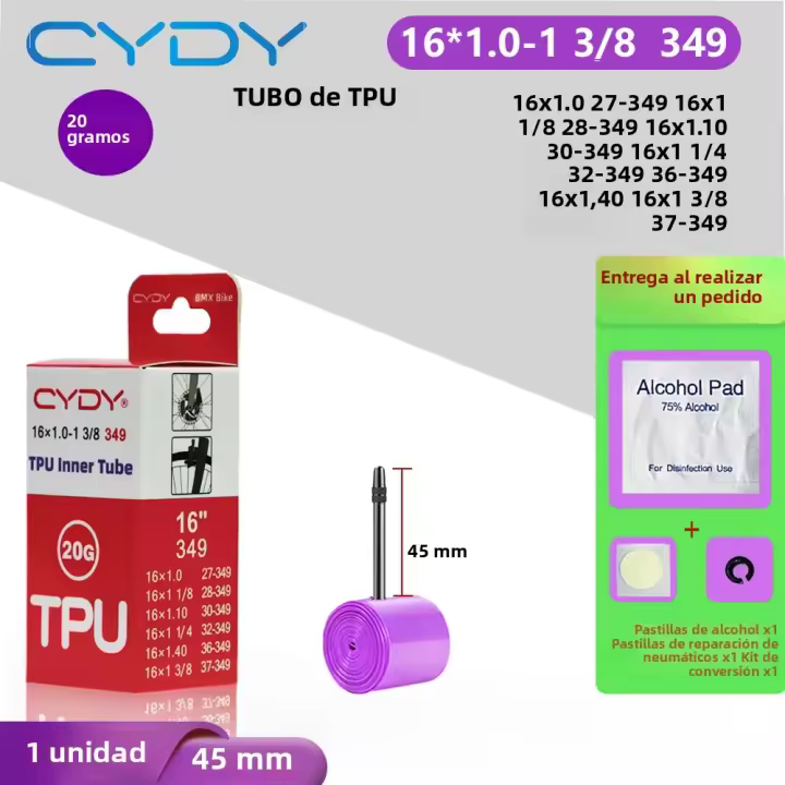 Tubo Interno De Bicicleta CYDY TPU 16 Pulgadas 349 16x1.0 1 1/8 1.10 1 1/40 1 3/8 Con Válvula 45mm/65mm Para Cámara BMX Piezas De Rueda Peso 20G - 1