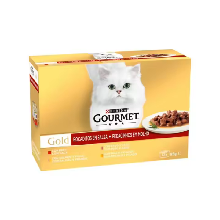 GOURMET Gold Bocaditos en Salsa (12x85 gr) - Alimento Húmedo Completo para Gatos Adultos (Buey, Pavo y Pato, Salmón y Pollo, Pollo e Hígado) - 1