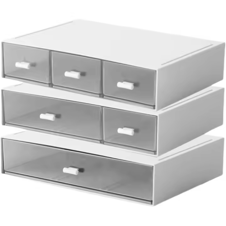 Caja de almacenamiento de plástico de 3 Cajas, cajas de escritorio, almacenamiento de maquillaje, Organizador de escritorio y accesorios (Blanco) - 1