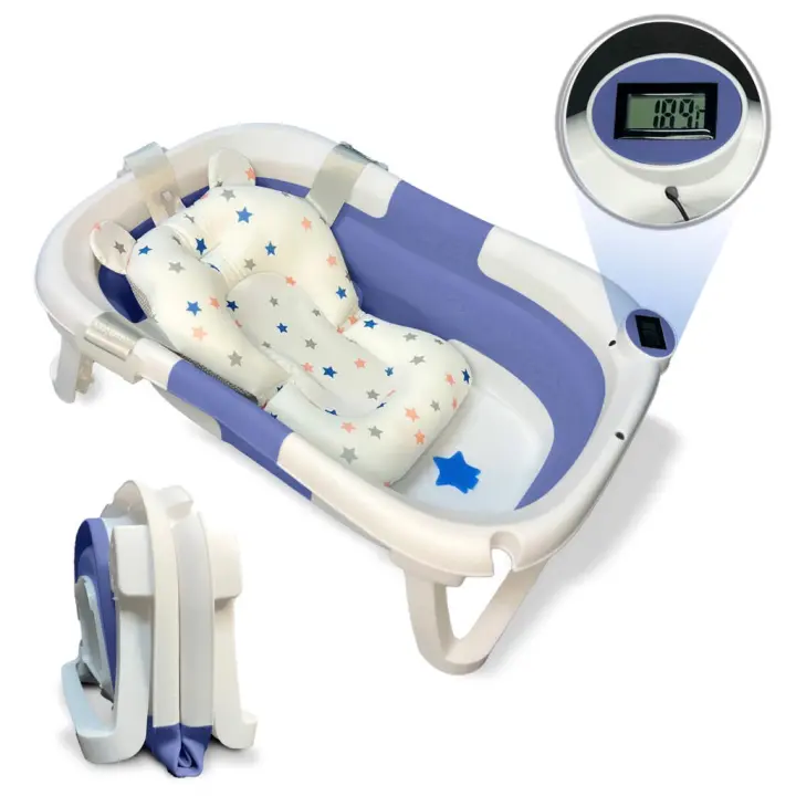 BATHBY Bañera Bebé Plegable Portátil con Termómetro Integrado, Cojín Antideslizante, Apta para Bebé Recién Nacido, Patas Antideslizantes, Tapón de Seguridad, Diseño Ergonómico (Azul Oasis) - 1