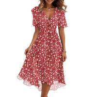 Vestido Casual De Moda Para Mujer Con Cuello En V Manga Corta Volante Vintage Impresión A-Line De Pierna Larga Estilo Italiano - details 4