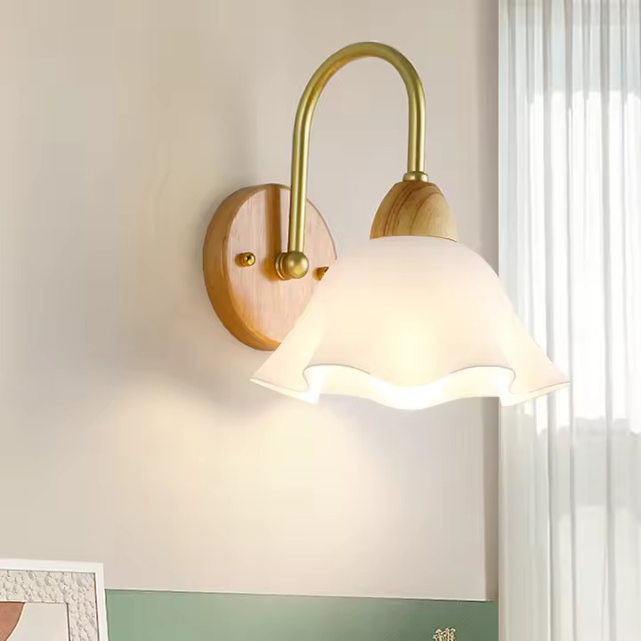 Pasillo Mesita de Noche Sala de Estudio with Elegant Pantalla de Vidrio Blanco, Una lámpara de Pared para Exterior Aplique de Metal Moderno Aplique de Madera Decorative E27 para Pasillo - 1
