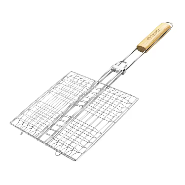 DESEOS Parrilla de Barbacoa con Mango de Madera | Rejilla para Asar de Acero Inoxidable 23x23 cm, Ideal para Carnes y Verduras | Herramienta de Cocina BBQ - 1