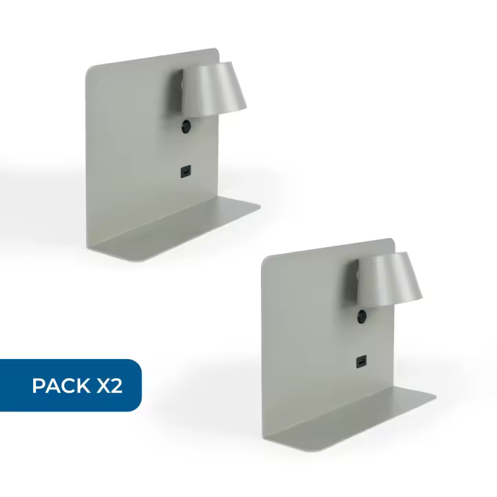 Barcelona LED Pack x 2 - Aplique de pared para lectura con puerto USB "BASKOP" - 6W - Diseño horizontal - Gris - 1