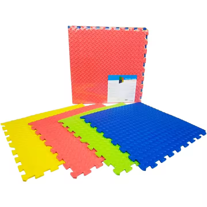 Tradineur - Pack 4 baldosas de goma eva de colores, 60 x 60 x 1 cm, 8 enganches, superficie rugosa, esterilla puzzle para suelo de fitness y gimnasio, alfombrilla de protección espuma - 1