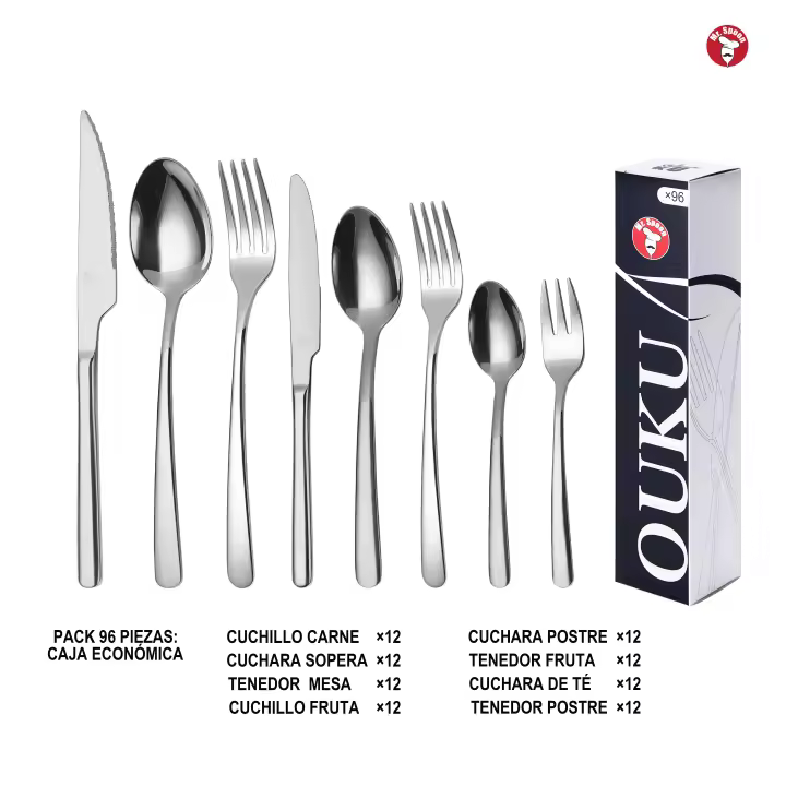Mr.Spoon Serie Esencia Juego 96,108 o120 piezas cubiertos,Acero Inox 18/0,Económico y funcional,Incluye cuchillo carne o mesa,tenedor,cuchara,cucharilla,etc,Mango monobloque,Apto para lavavajillas,Empaque ecológico,Ideal para casa,hotel,restaurante,90302 - 1