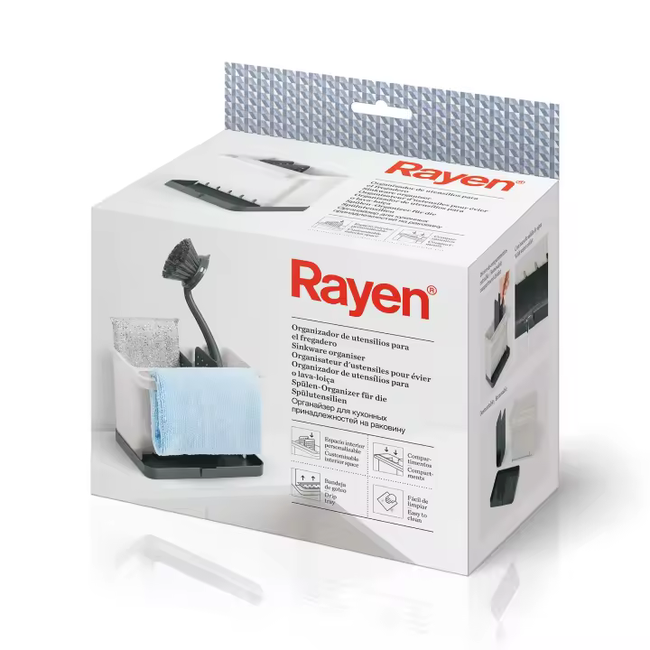 Rayen Organizador de Utensilios para el Fregadero | Espacio Interior Personalizable | Compartimentos | Bandeja de Goteo | Fácil de Limpiar, ABS, Gris Claro y Gris Oscuro, Medida: 17 x 13,3 x 11,5 cm - 1