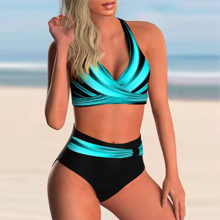Bikini Halter Push up Para Mujer Traje De Baño De Cintura Alta Estilo De Calle Con Bandage Y Almohadillas Soldadura Sin Costuras Material Poliéster Y Spandex - 1