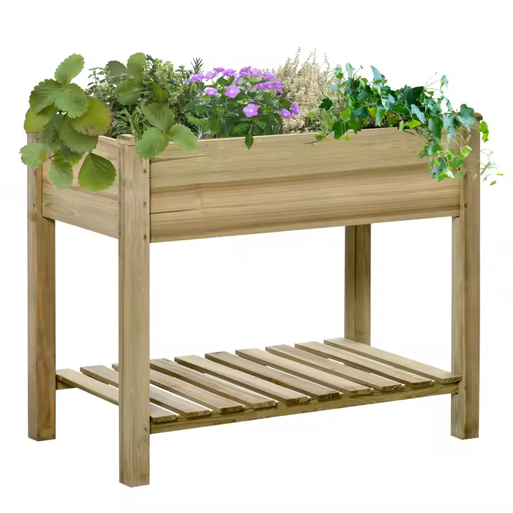 Outsunny Huerto Urbano de Madera con Estante Mesa de Cultivo Rectangular con Orificios de Drenaje para Cultivos Plantas Jardín Terraza Exterior Carga 80 kg 91x51x76 cm Natural - 1