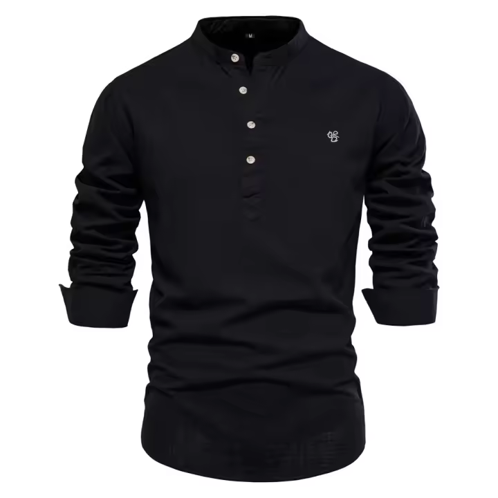 Camisa delgada de primavera y verano para hombre, moda informal, color sólido, talla europea, camisa de manga larga, top bordado de algodón y lino - 1