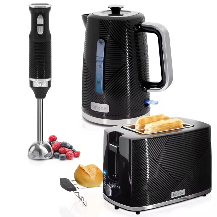 Briebe SKT1186BLK Elegance Set Tostadora Pan 2 Rebanadas Anchas + Hervidor Agua 1,7L Inalámbrico + Batidora Mano, 2200W, Negro - 1